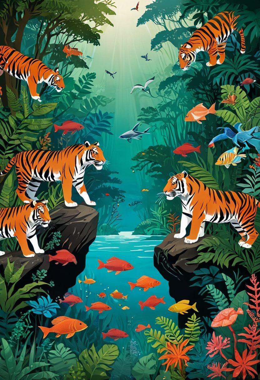 A vibrant illustration of diverse ecosystems including rainforests, coral reefs, and savannahs, with species at risk like tigers, elephants, and coral. The background features the IUCN Red List logo prominently. Intertwined are symbols of conservation actions like planting trees and marine protection. Infused with bright colors to emphasize biodiversity, and a hopeful tone for future conservation. super-realistic. vibrant colors. artistic style.
