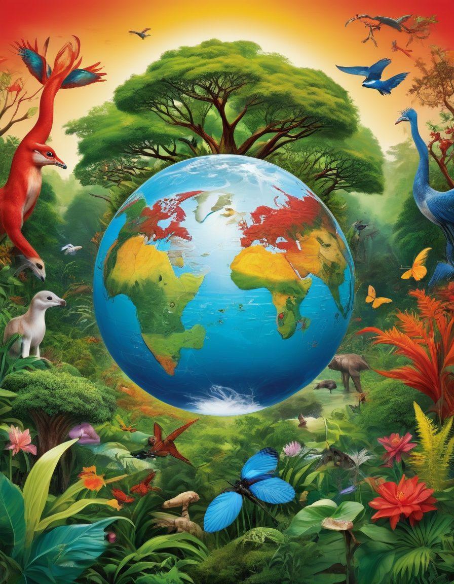 A lush, vibrant landscape depicting diverse ecosystems teeming with flora and fauna, intertwined with illustrations of endangered species highlighted in vibrant colors. Include a visual representation of the IUCN Red List logo to signify its importance in conservation. The background should showcase a globe, symbolizing global efforts in biodiversity. artistic, super-realistic, vibrant colors.