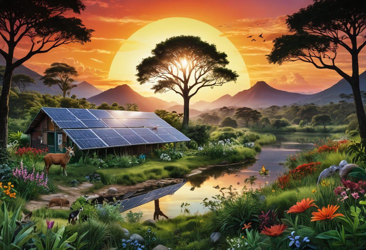 A lush green landscape depicting a thriving ecosystem, showcasing endangered species from the IUCN Red List, surrounded by a team of diverse conservationists actively restoring habitats. The scene includes a vibrant sunset, symbolizing hope, with elements of biodiversity like trees, flowers, and animals in harmony. Elements of sustainability, such as solar panels and recycled materials, subtly integrated in the background. super-realistic. vibrant colors. immersive details.